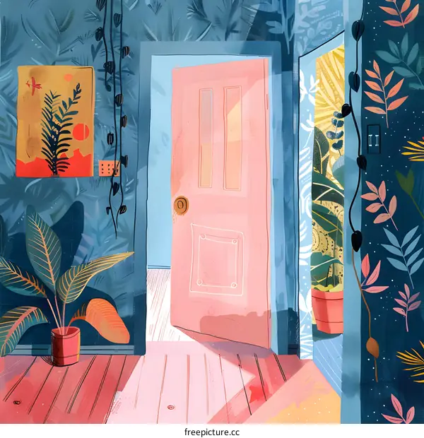 Open Doorway With Plants On Blue Walls