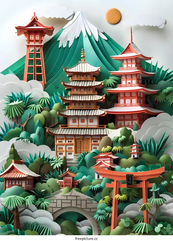 Japanese traditional buildings and landscape illustration