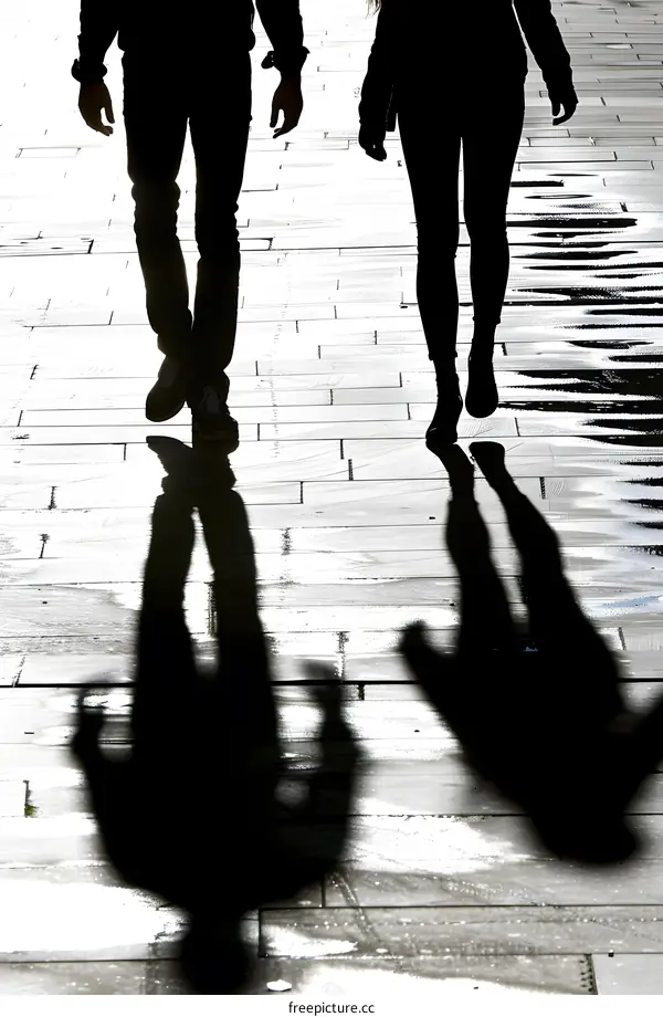 Silhouettes of Two People Walking on a Sidewalk