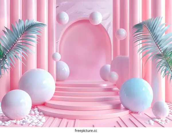 Pink Minimalist Podium With Palm Leaves And Spheres