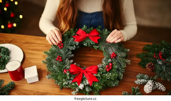 Woman Crafting a Beautiful Christmas Wreath