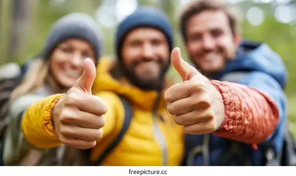 Happy Group of Outdoorsy Friends Giving Thumbs Up