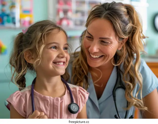 Little girl playing doctor with a real doctor