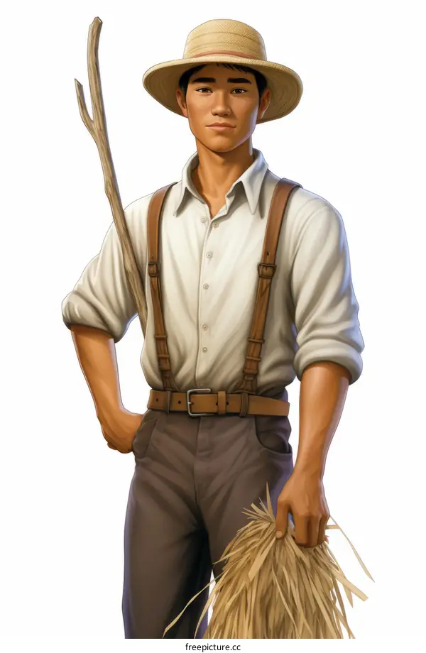 Illustration of a young Asian man wearing a straw hat and suspenders