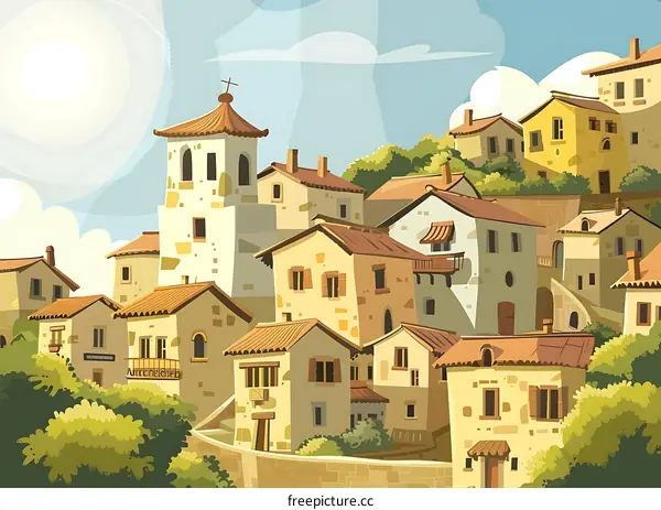 Cartoon Illustration of European Village with Stone Buildings and Lush Green Foliage