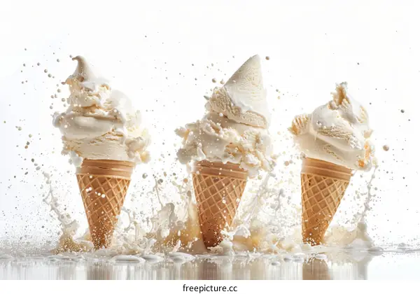 Three ice cream cones with vanilla ice cream and milk splash