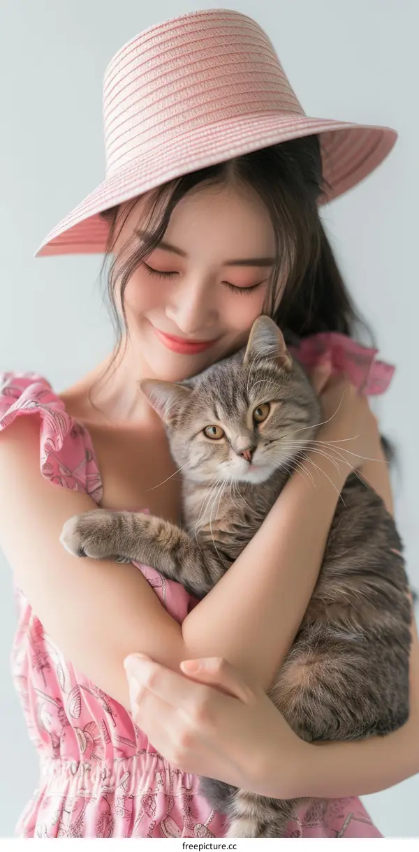 A young woman is hugging a cat