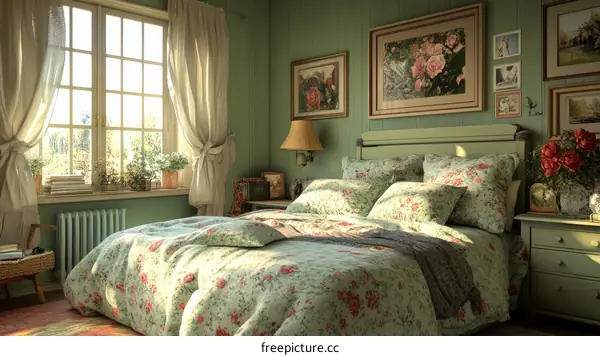 Vintage Floral Bedroom Interior Illustration