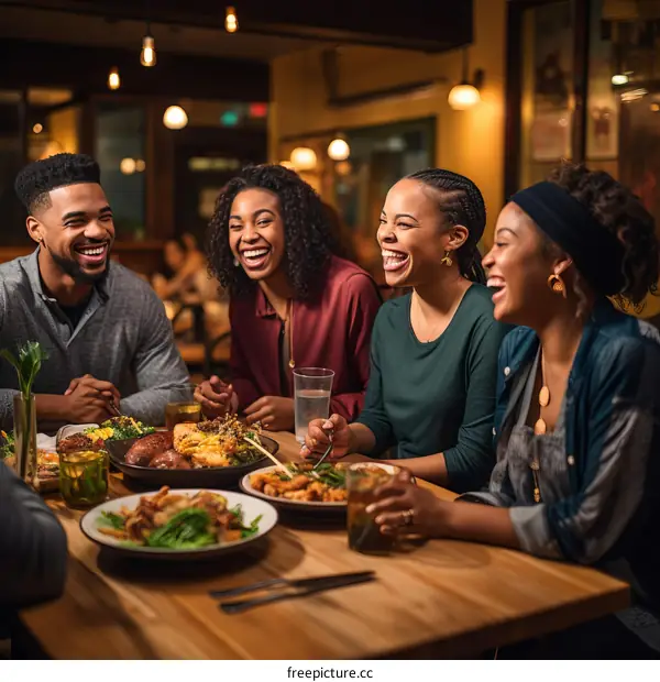 Four friends laughing and enjoying dinner together at a restaurant