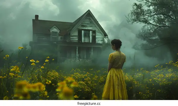 A girl standing in a field of flowers in front of an abandoned house
