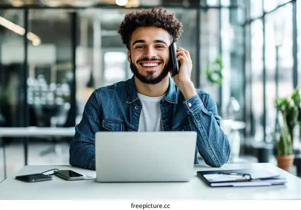 Smiling Businessman Talking on Phone in Modern Office