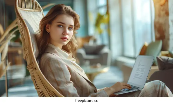 Confident young businesswoman sitting in a modern office and working on her laptop