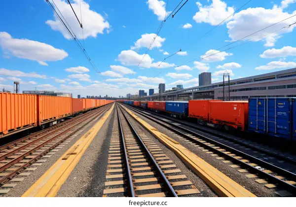 Cargo Trains with Containers on Freight Yard