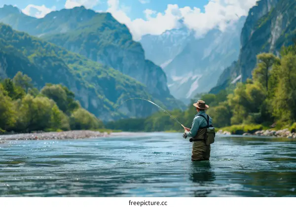 Fly fishing in the beautiful mountain river landscape
