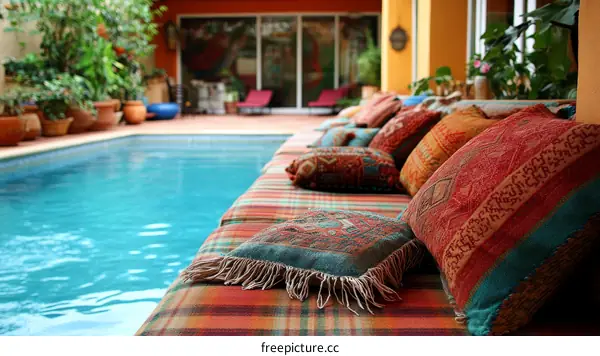 Outdoor Poolside Relaxation with Colorful Cushions