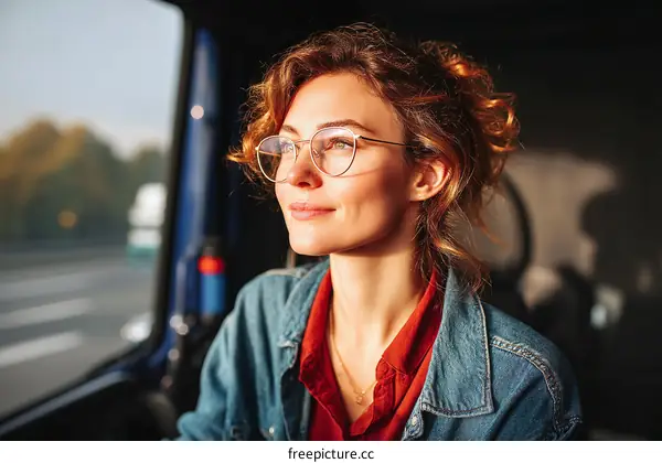 Woman Driver Looking Through Truck Window