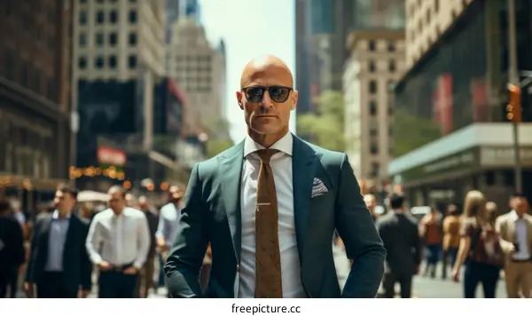 A bald man in a suit standing in the middle of a busy city street.