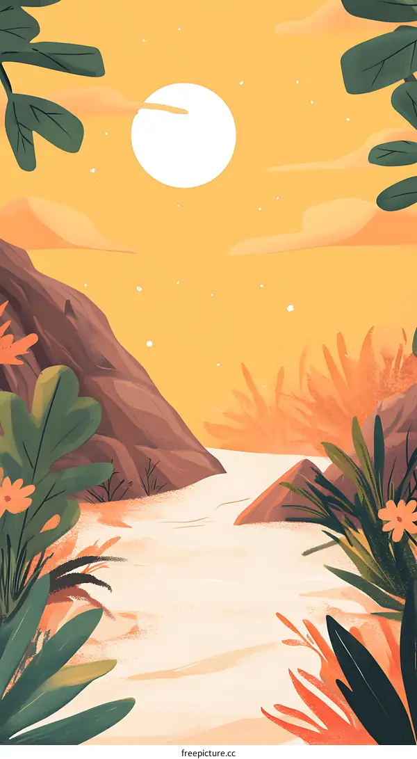 Beautiful Landscape Painting with Orange Flowers, Green Leaves, and a White Moon in a Yellow Sky