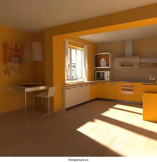 Modern Kitchen Interior Design With Yellow Cabinets And Wooden Floor