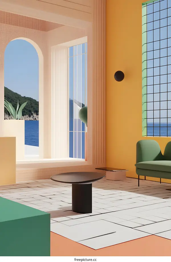 Minimalist Interior Design with Ocean View and Colorful Walls