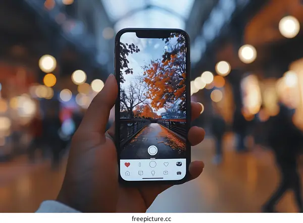 A Person Using a Smartphone to Capture the Autumn Colors of a Bridge