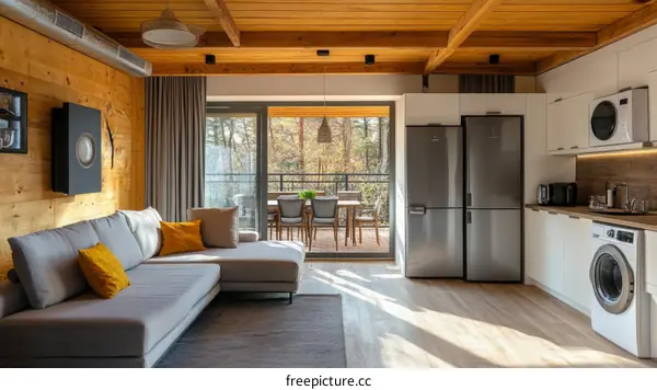 Modern Wooden Interior Living Room Kitchen Area