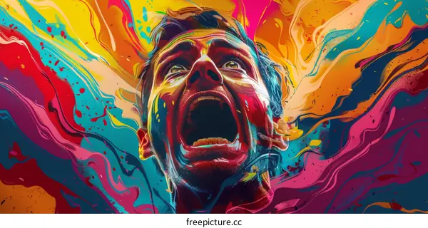 A man screaming with his face covered in colorful paint
