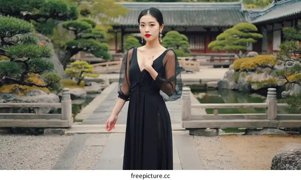 Asian Woman in Black Dress in a Traditional Garden