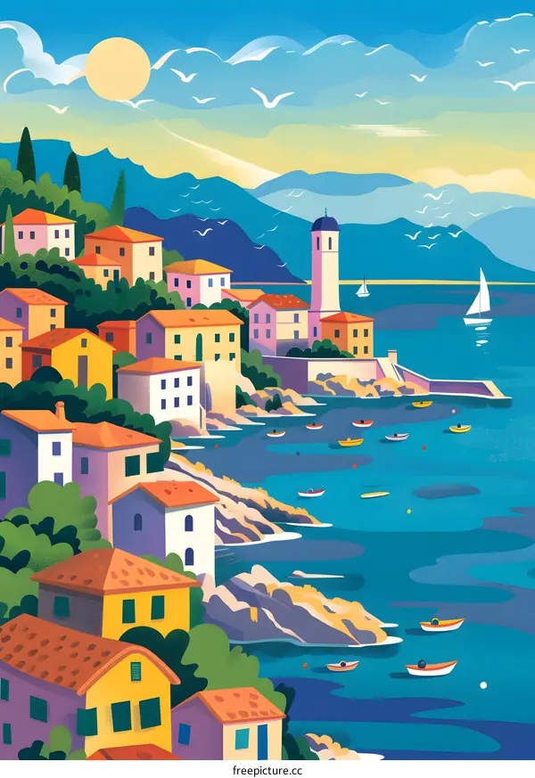 Colorful Italian Coastal Town Illustration