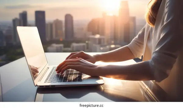 A businesswoman working on her laptop in a high-rise office building overlooking the city at sunset