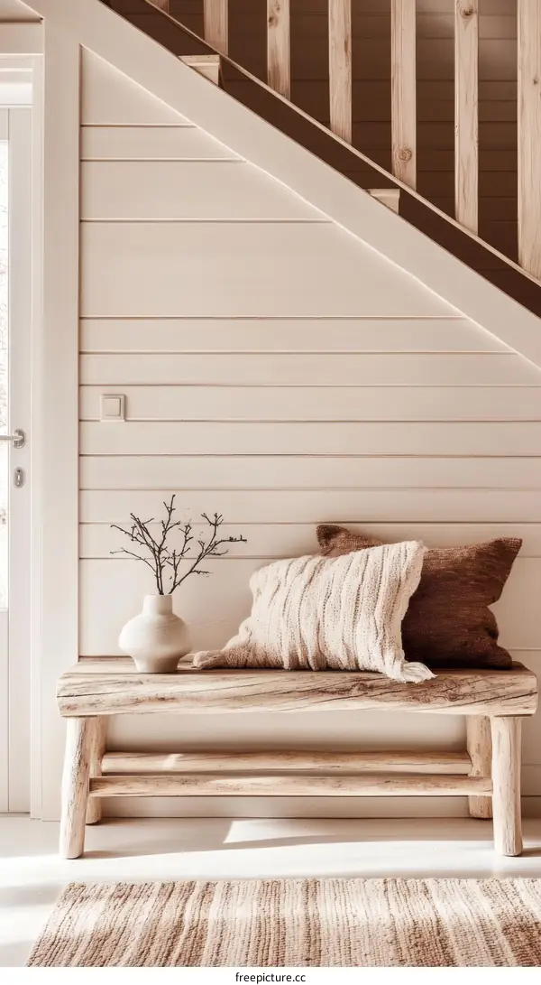 Rustic Wooden Bench in a Scandinavian Entryway