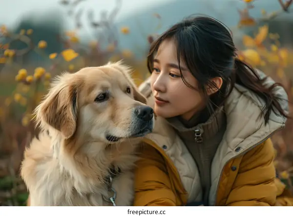 Young Asian woman with a golden retriever dog in an autumn field