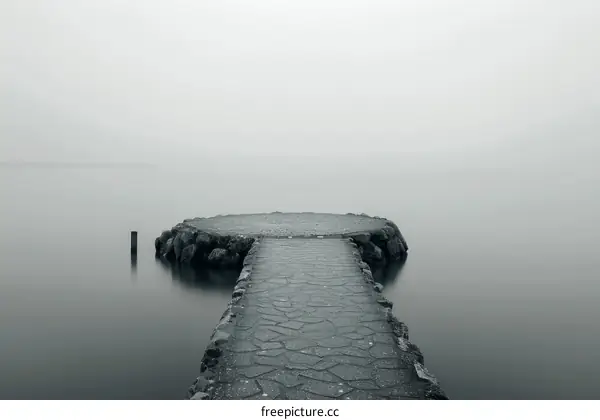 Stone pier extending into a foggy lake