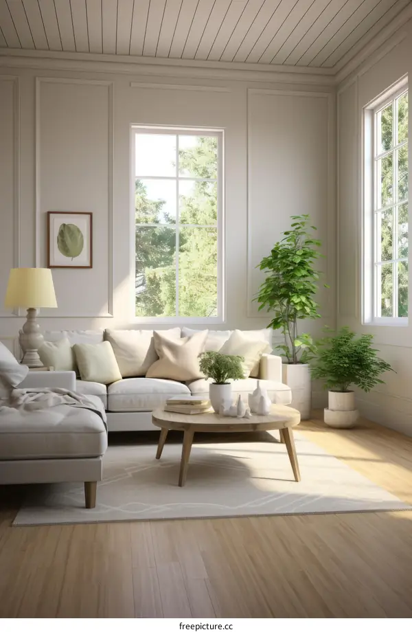 A bright and airy living room with a large window, a sofa, and a coffee table