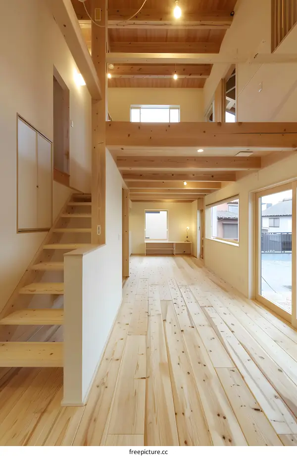 Modern Wooden House Interior Design with Staircase and Windows