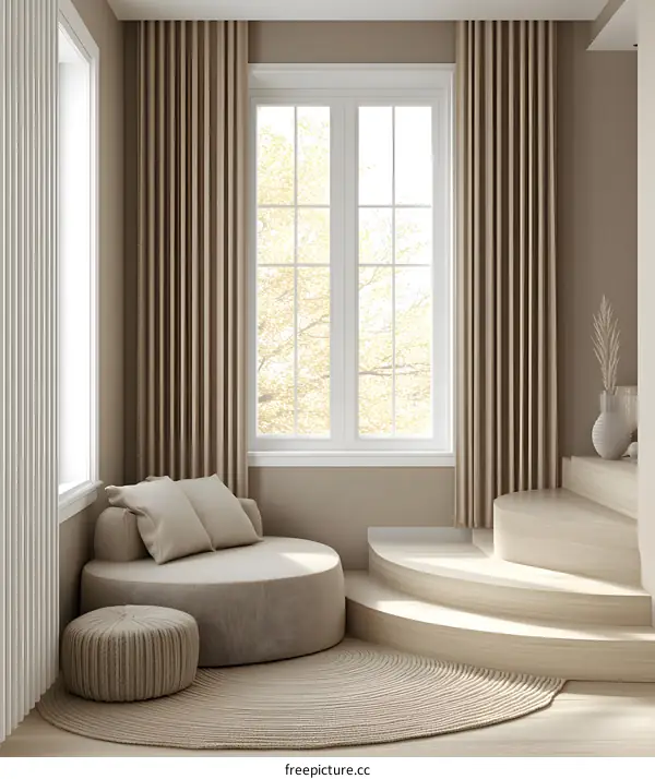 Modern Minimalist Interior Design with Curved Staircase and Beige Seating