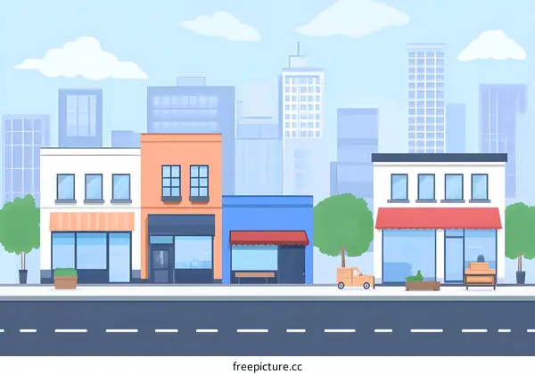 Flat Cartoon Illustration of Cityscape with Shops and Buildings