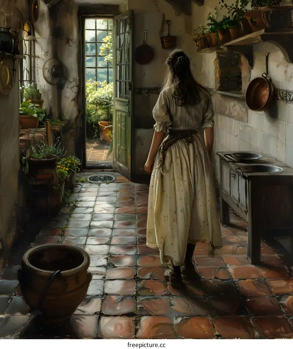 A woman standing in a kitchen looking out at a garden