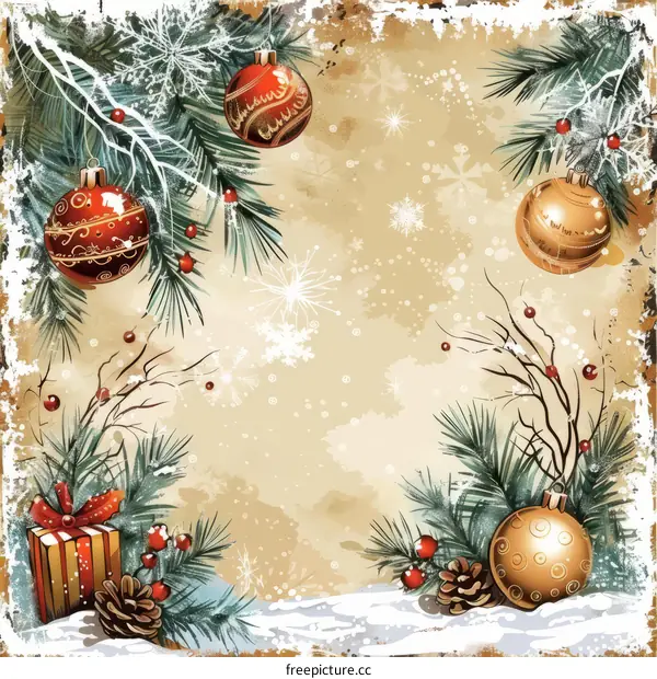 Festive Christmas Background with Fir Branches and Decorations