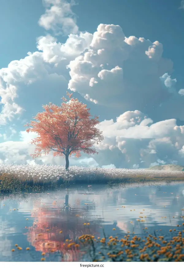 Solitary Tree in a Field of Flowers by a Tranquil Lake