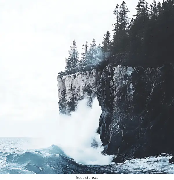Waves Crashing Against Cliffside With Pine Trees