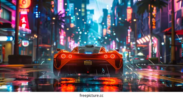 A Red Sports Car Speeds Through the Glowing City at Night