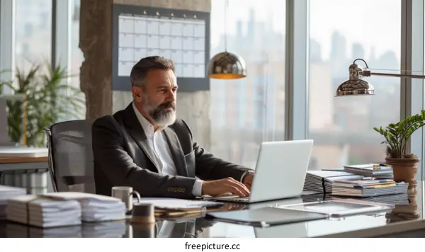 A businessman is working on his laptop in his office.