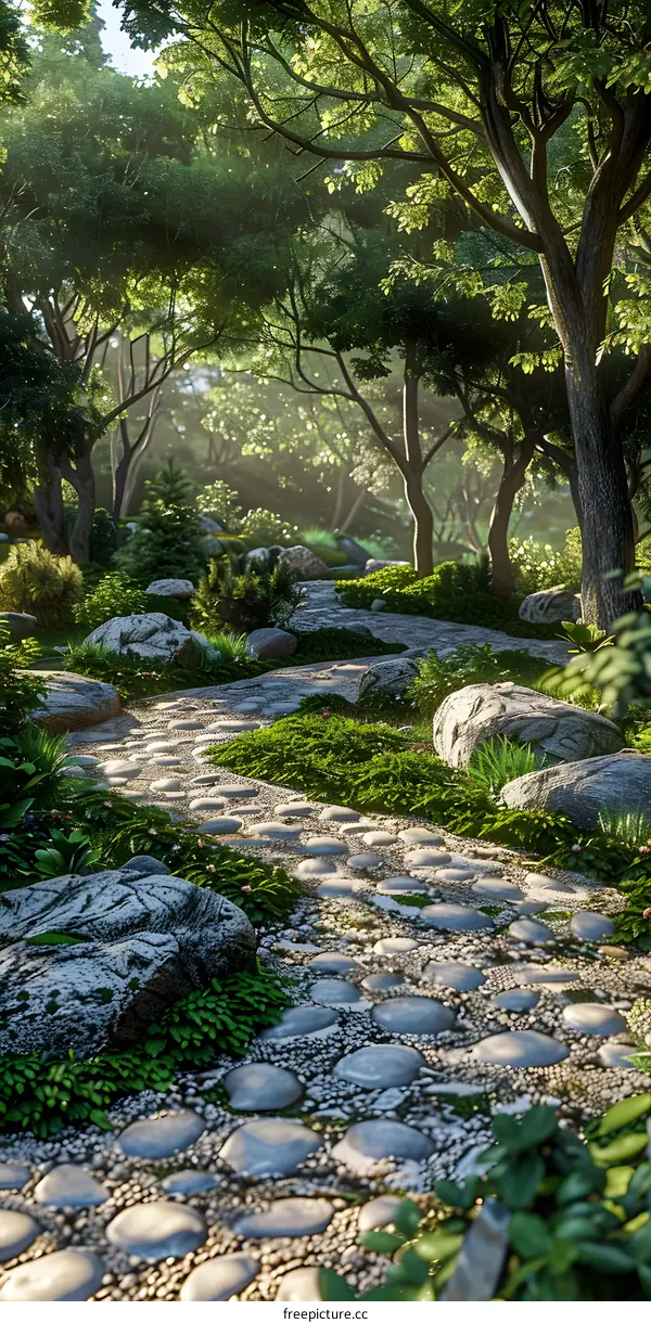 Pebbled path through a lush sunlit forest