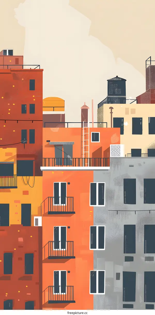 Colorful Cityscape Illustration with Buildings and Balconies