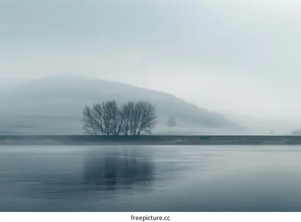 Black leafless trees by the foggy riverbank