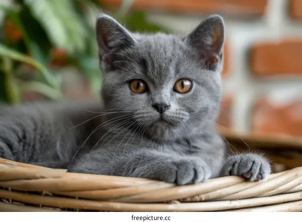 A cute gray kitten is sitting in a wicker basket and looking at the camera