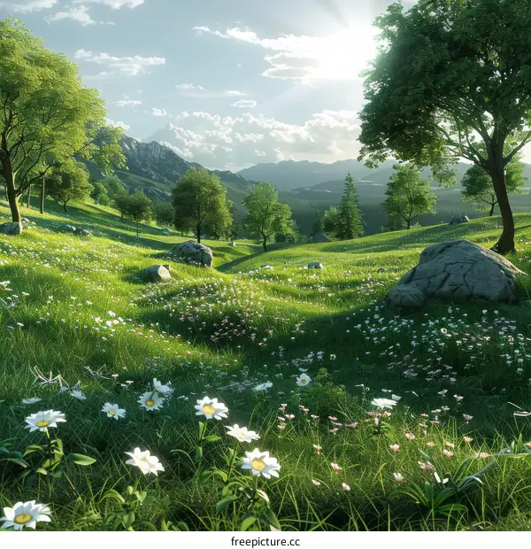 Enchanting Green Hills Adorned with Blooms and Majestic Boulders