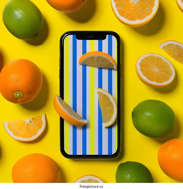 Lemon and Orange Slices Around a Striped Phone Screen