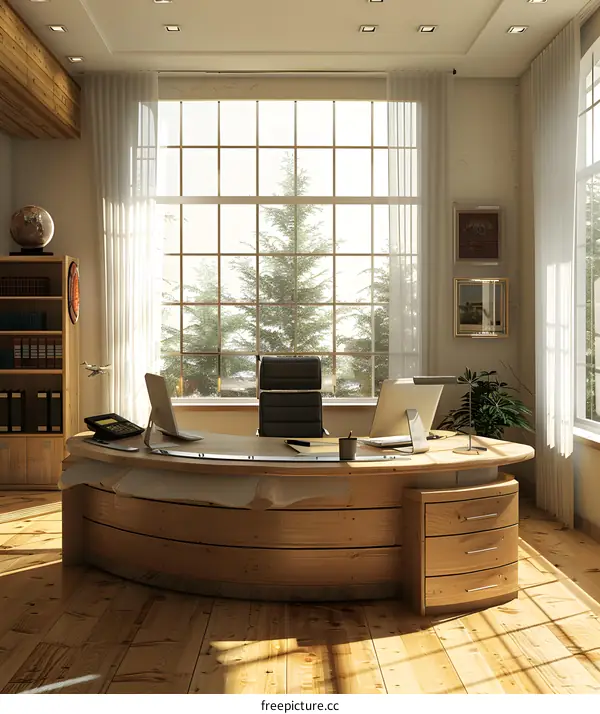 Large wooden desk in a modern office with a large window